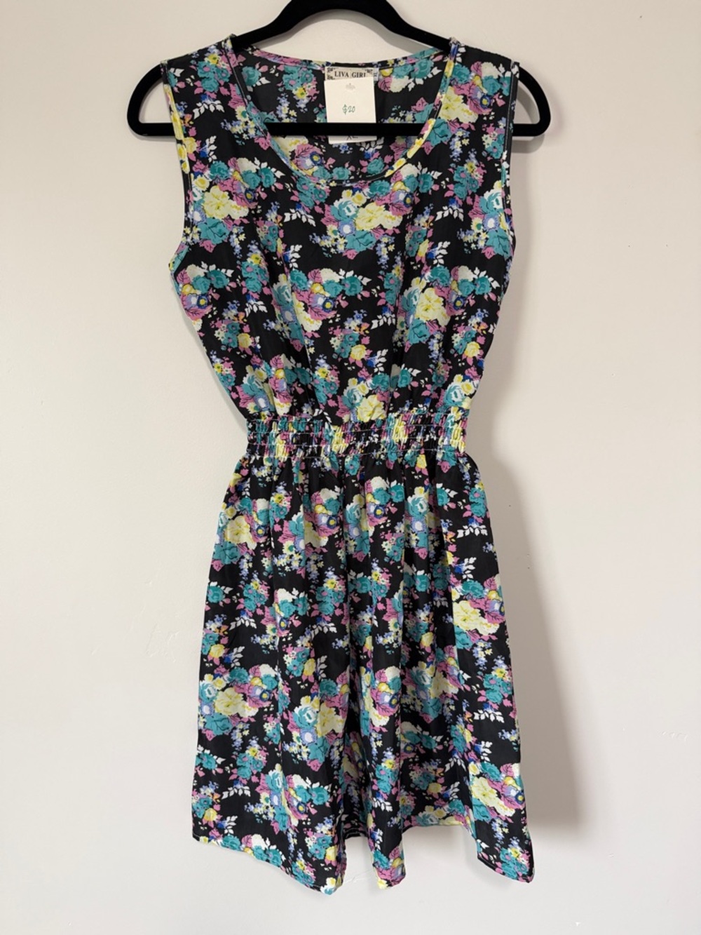 NEW Black Floral Midi Dress with Blue, Purple, Yellow Accents